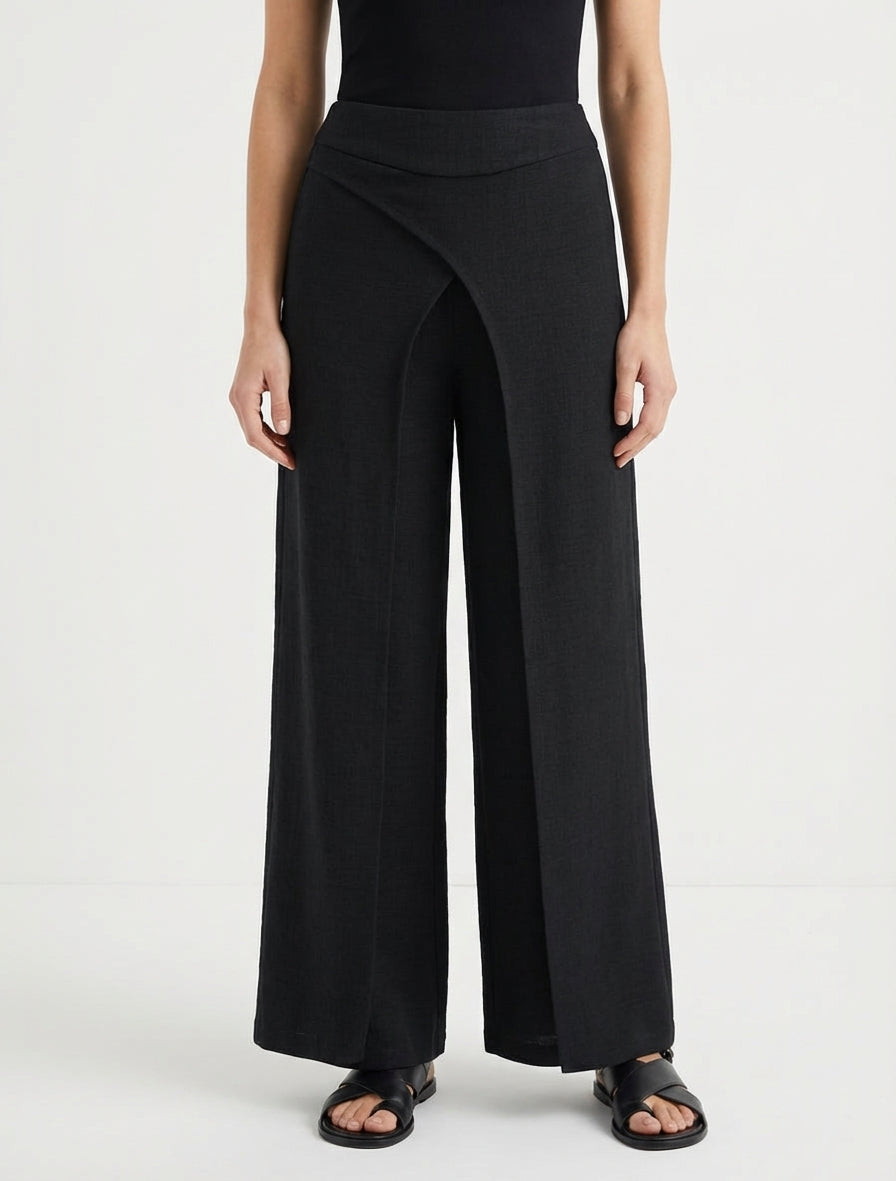 Pantalón recto efecto lino con doble capa. - Negro