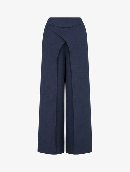 Pantalon droit effet lin à double pans - Marine - 1