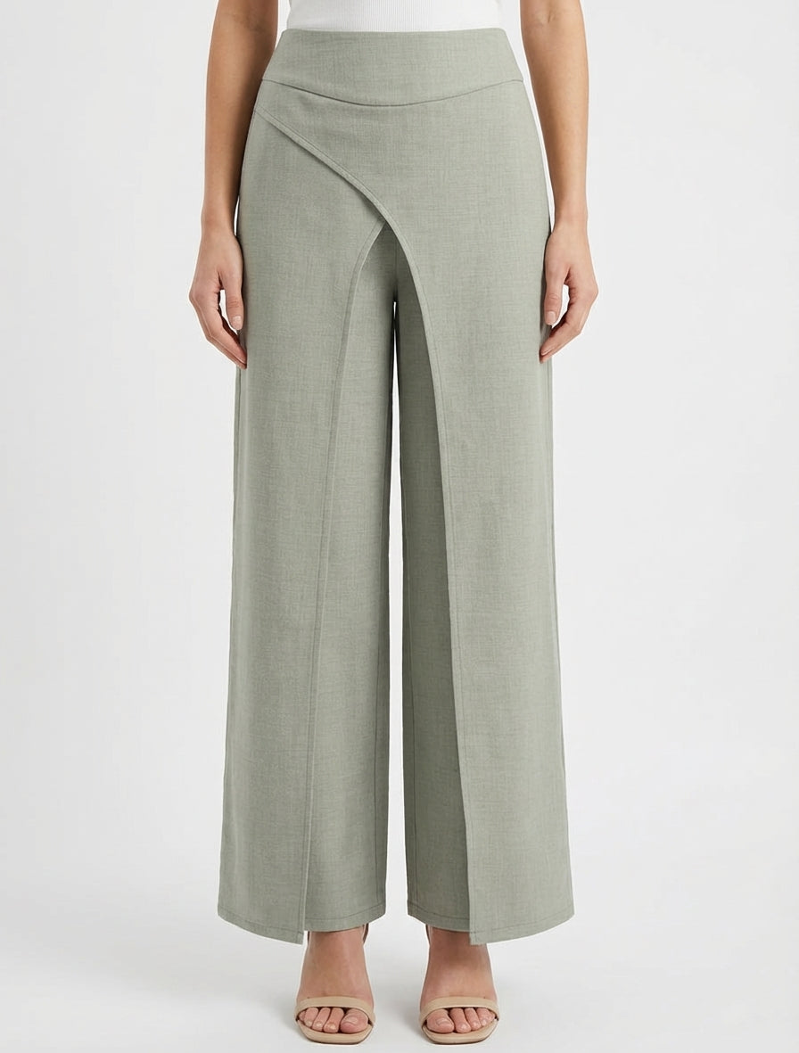 Pantalón recto efecto lino con doble capa. - Caqui