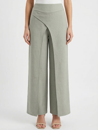 Pantalón recto efecto lino con doble capa. - Caqui