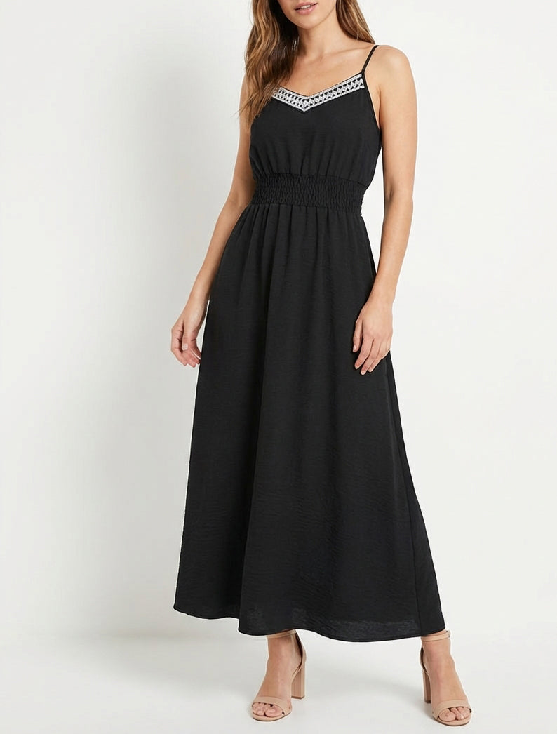 Vestido largo liso con cintura elástica - Negro