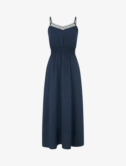 Robe longue unie à taille élastiquée - Marine - 1