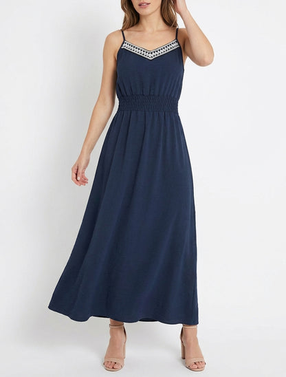 Vestido largo liso con cintura elástica - Marine