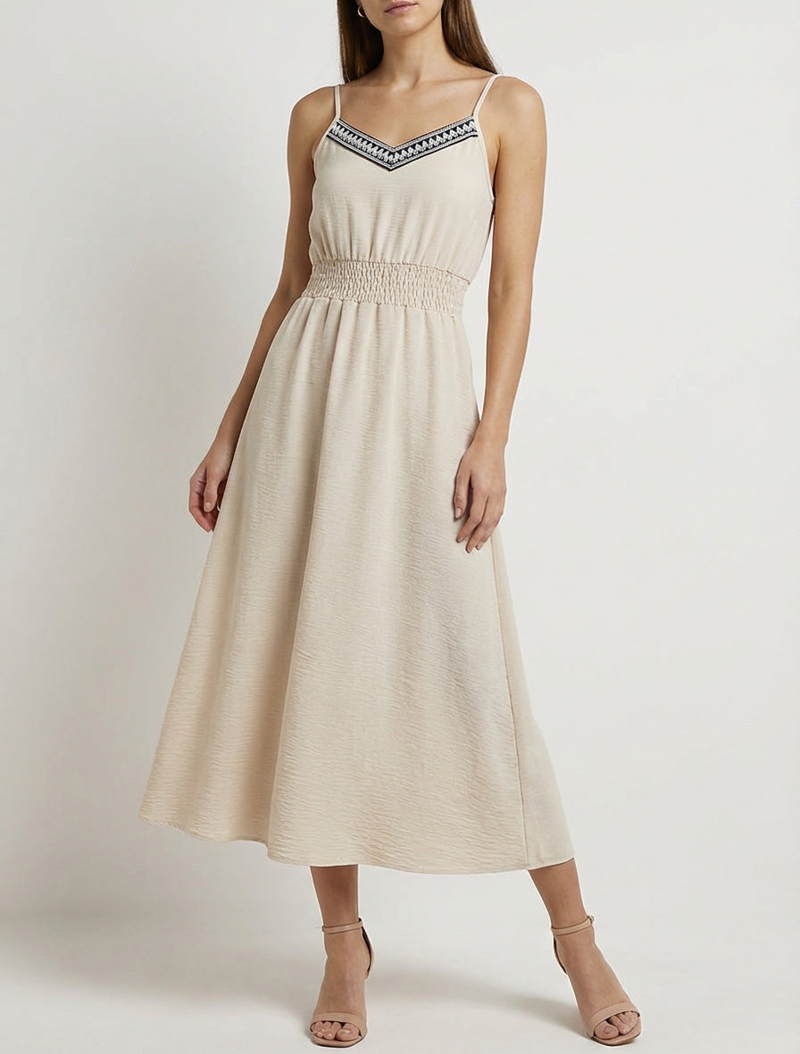 Vestido largo liso con cintura elástica - Beis