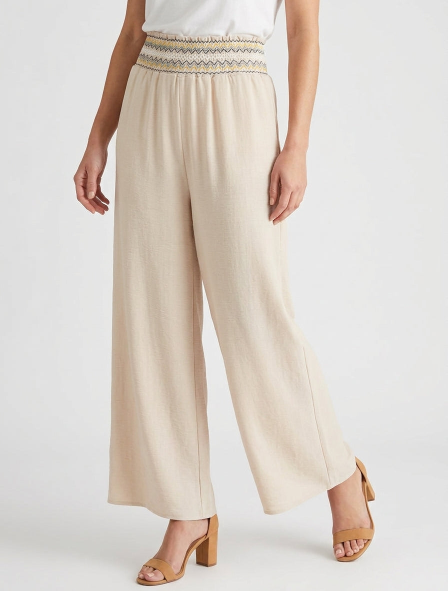 Pantalón recto de cintura alta elástica - Beis