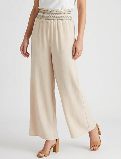 Pantalón recto de cintura alta elástica - Beis