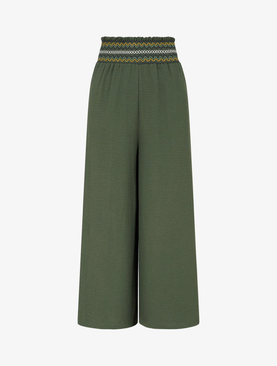 Pantalon droit à taille haute élastiquée - Kaki - 1