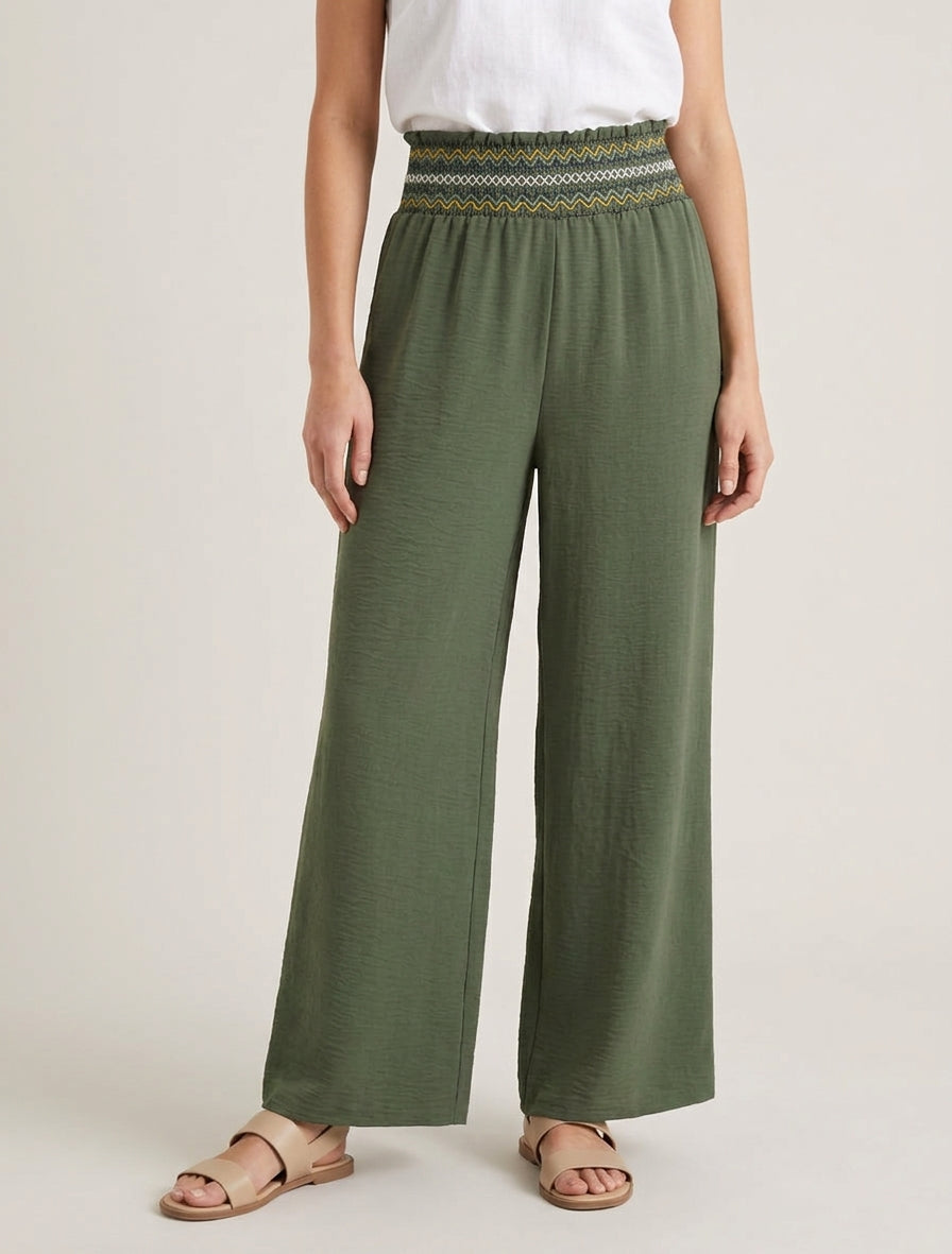 Pantalón recto de cintura alta elástica - Caqui