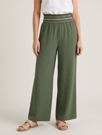 Pantalón recto de cintura alta elástica - Caqui