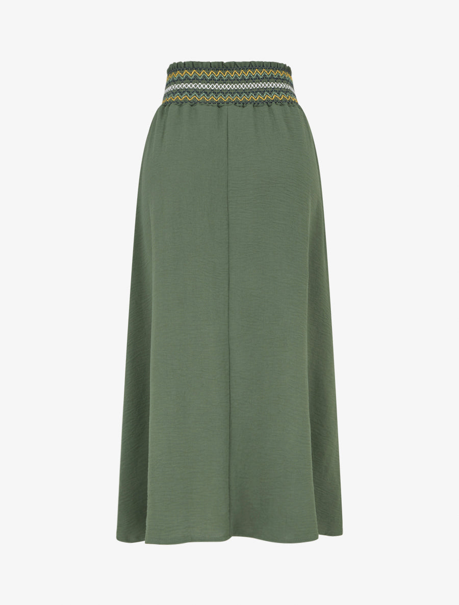 Jupe longue évasée à taille élastiquée - Kaki - 2