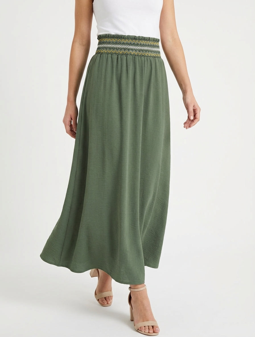 Falda larga evasé con cintura elástica - Caqui