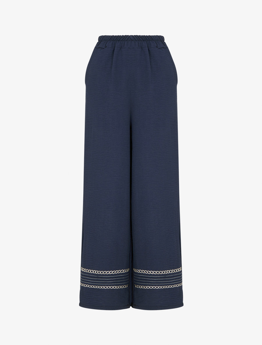 Pantalon ample à bords brodés - Marine - 1