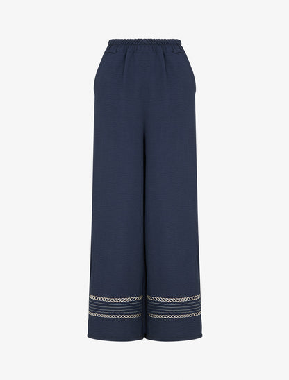 Pantalon ample à bords brodés - Marine - 1