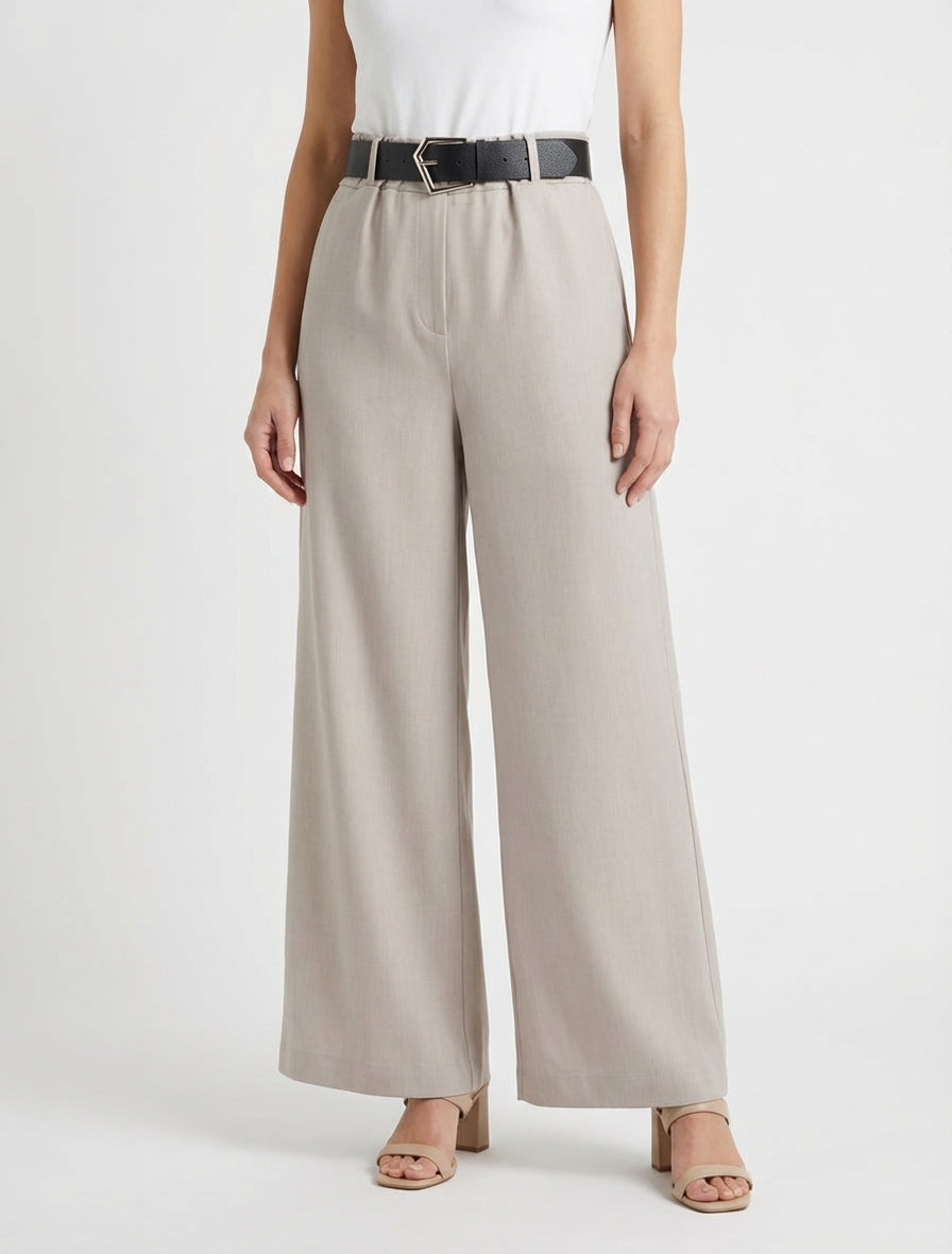 Pantalón ancho liso de talle alto - Topo claro