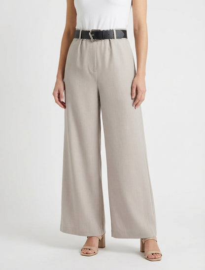Pantalón ancho liso de talle alto - Topo claro