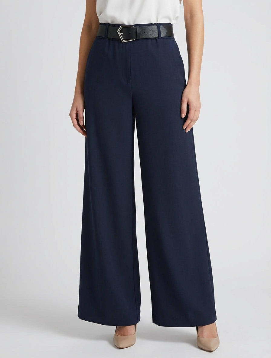 Pantalón ancho liso de talle alto - Marine