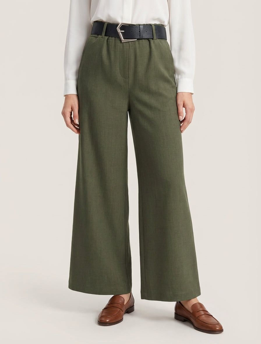 Pantalón ancho liso de talle alto - Caqui