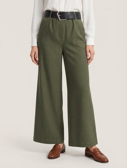 Pantalón ancho liso de talle alto - Caqui