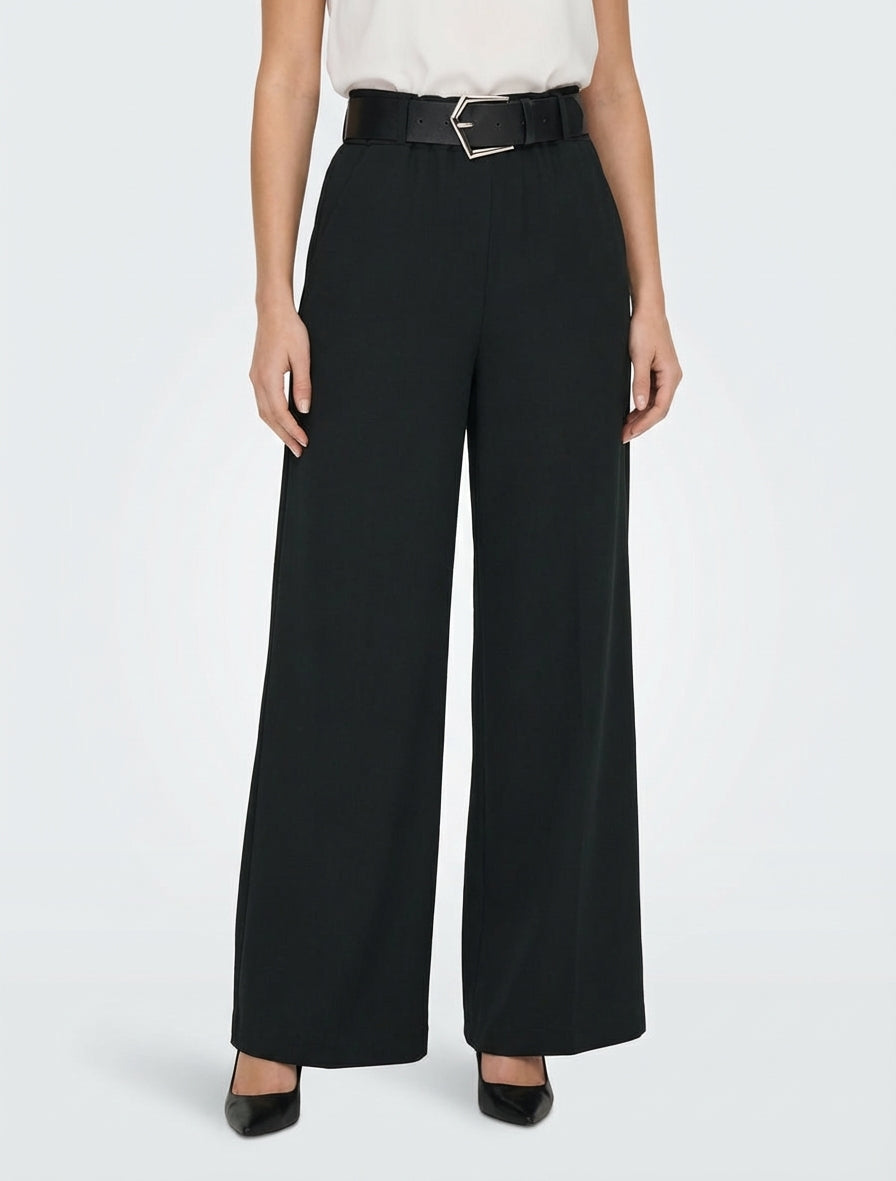 Pantalón ancho liso de talle alto - Negro