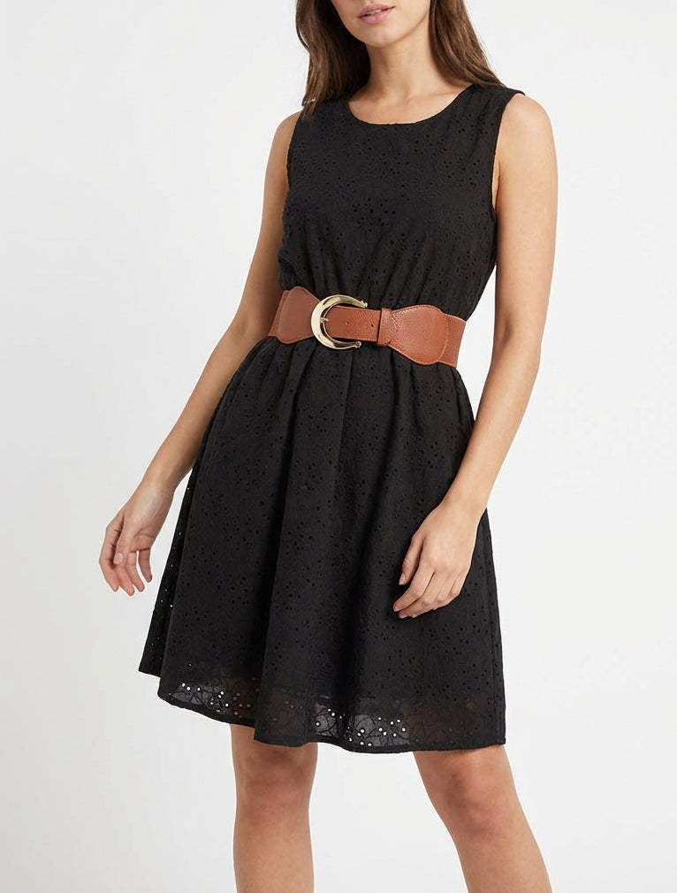 Vestido acampanado sin mangas de bordado inglés - Negro