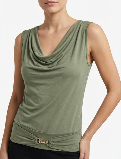 Top liso con inserción de joya con strass - Caqui