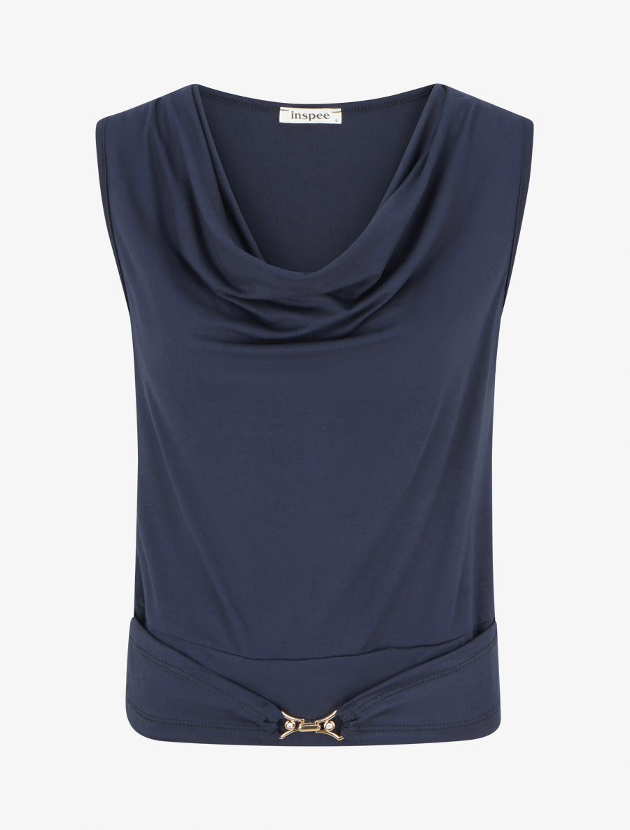 Top uni à empiècement bijou strassé - Marine - 1