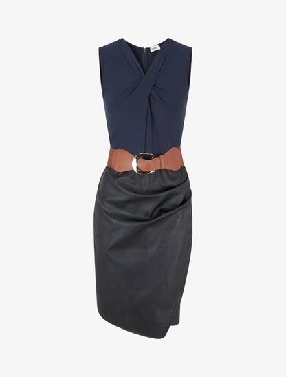 Robe bimatière à col V - Noir - 1