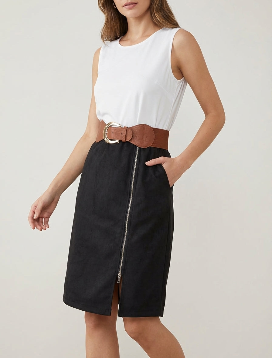 Vestido bimaterial con cremallera - Negro