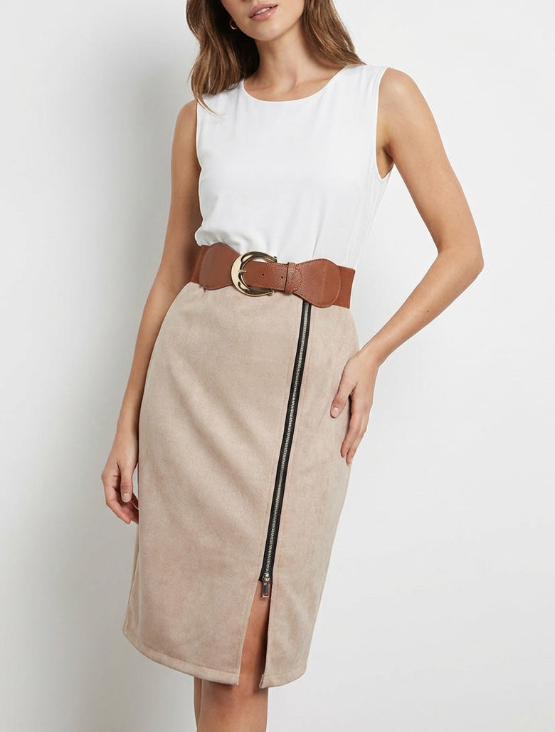 Vestido bimaterial con cremallera - Beis