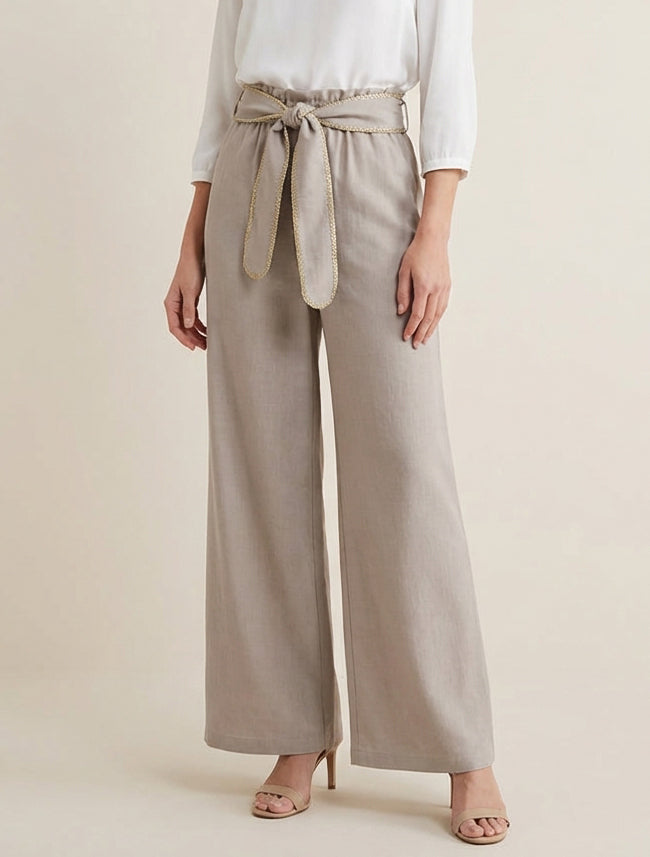 Pantalón con cinturón y detalle irisado - Topo
