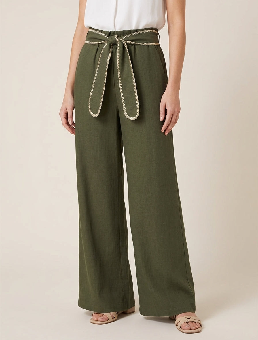 Pantalón con cinturón y detalle irisado - Caqui