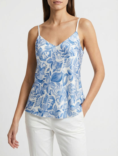 Camisola satinada con estampado de hojas - Azul