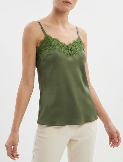 Camisón satinado con detalle de encaje - Caqui