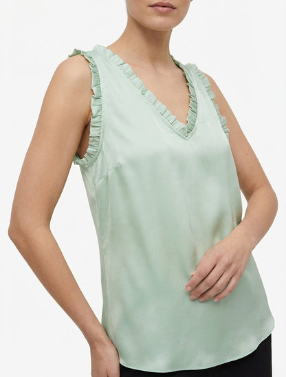 Top satinado sin mangas con cuello con volantes - Verde agua