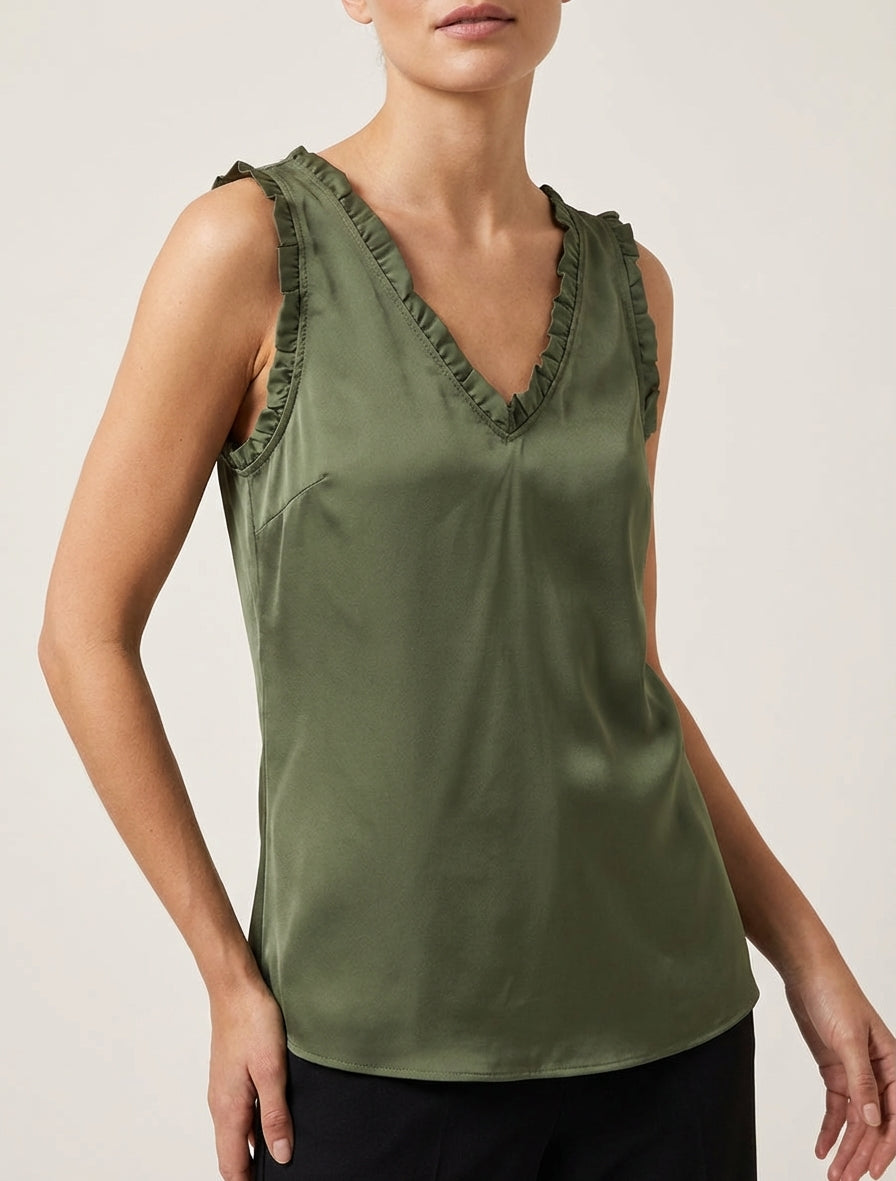 Top satinado sin mangas con cuello con volantes - Caqui