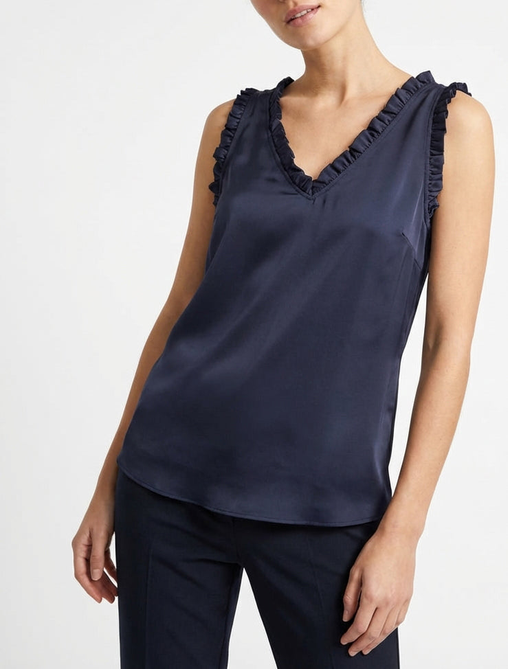 Top satinado sin mangas con cuello con volantes - Marine