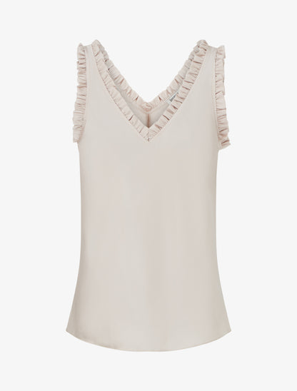 Top satiné sans manches à col volanté - Beige - 1