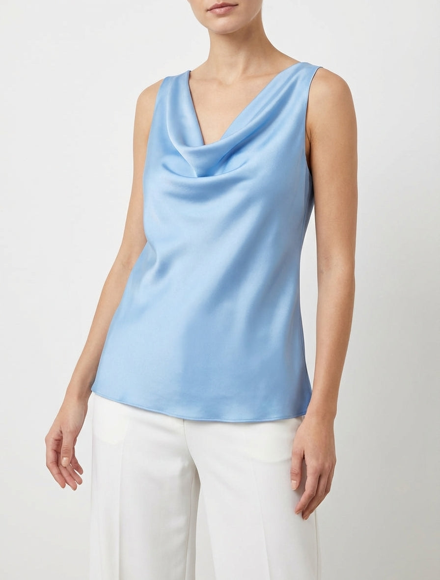 Top satinado sin mangas con cuello drapeado - Azul cielo
