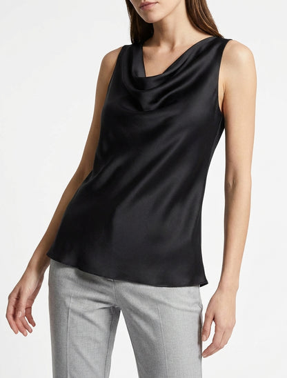Top satinado sin mangas con cuello drapeado - Negro
