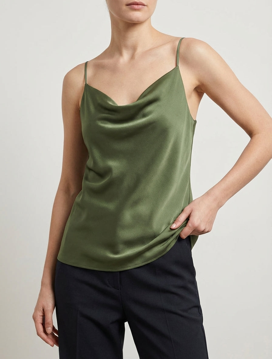 Camisón de satén con cuello drapeado - Caqui