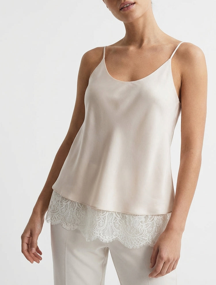 Camisola satinada con bordes de encaje - Beige claro