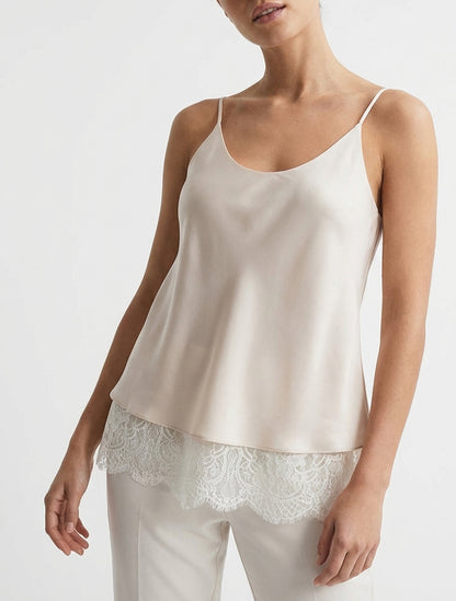 Camisola satinada con bordes de encaje - Beige claro