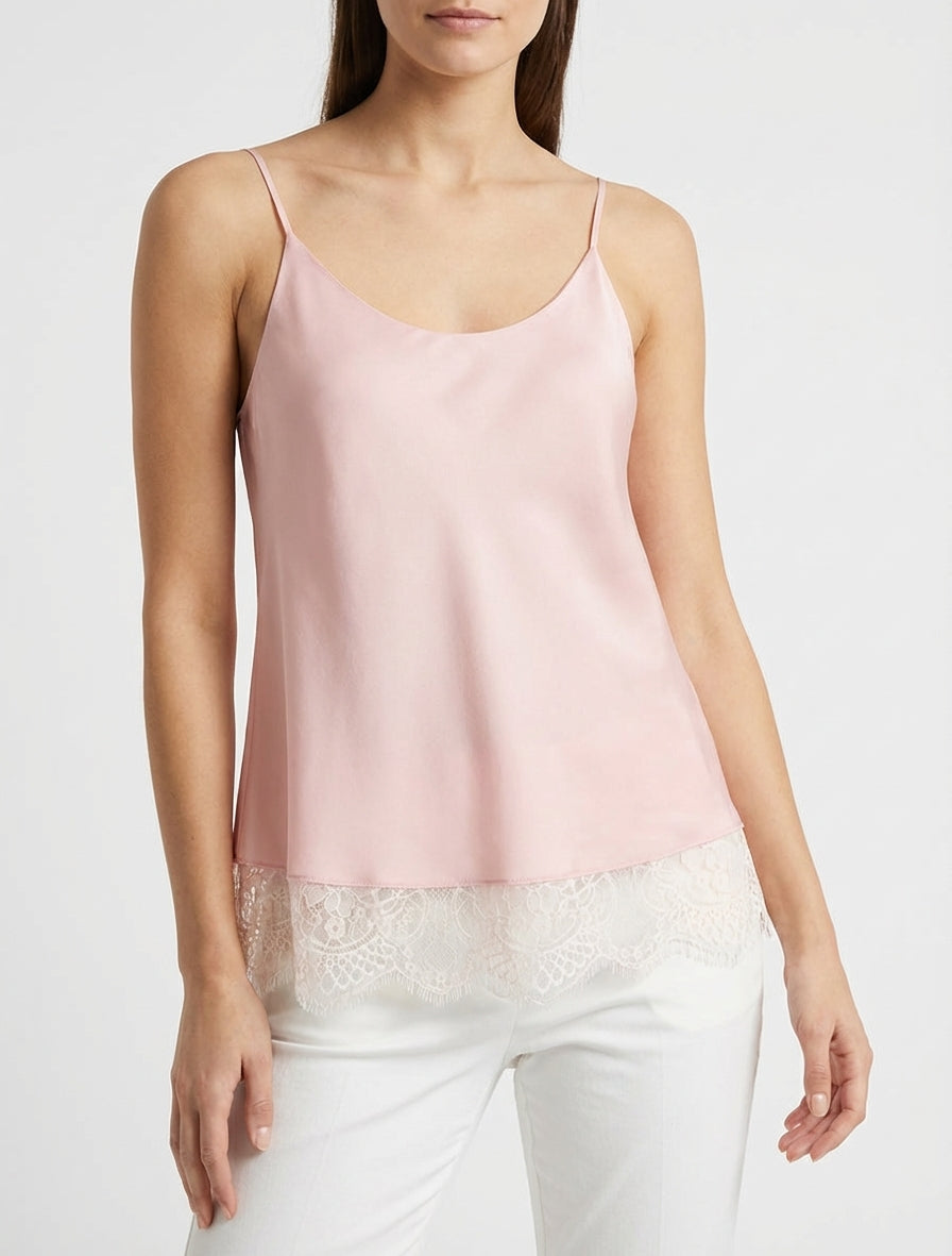Camisola satinada con bordes de encaje - Rosa
