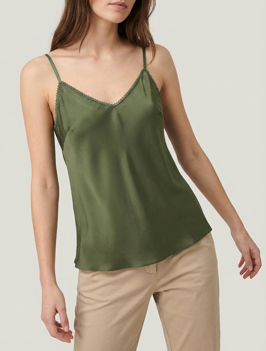 Camisón satinado con cuello en V bordado - Caqui