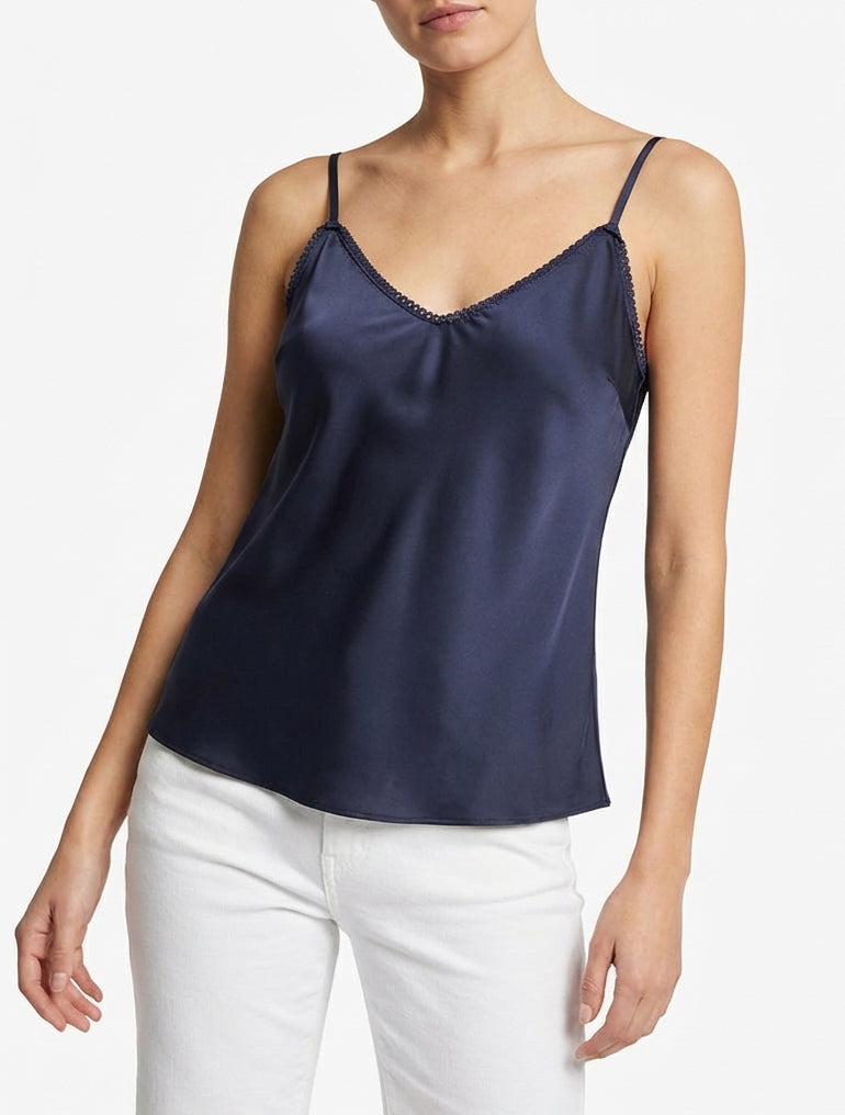 Camisón satinado con cuello en V bordado - Marine