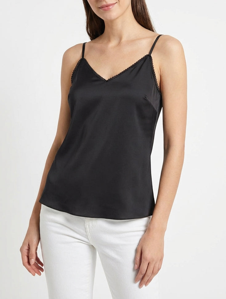 Camisón satinado con cuello en V bordado - Negro