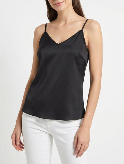 Camisón satinado con cuello en V bordado - Negro