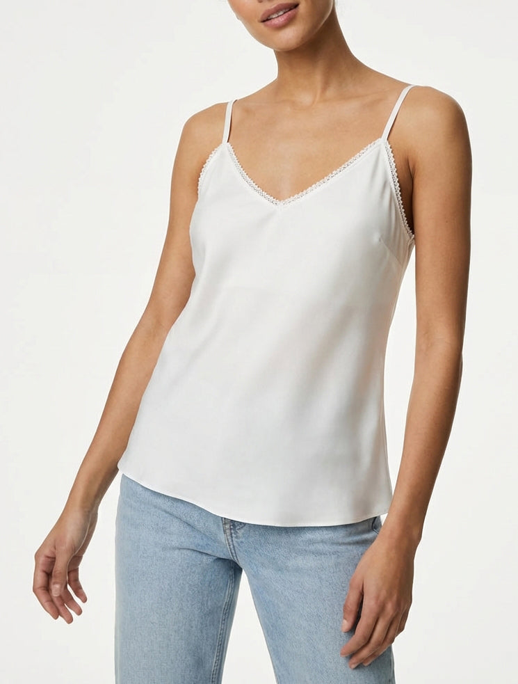 Camisón satinado con cuello en V bordado - Blanco