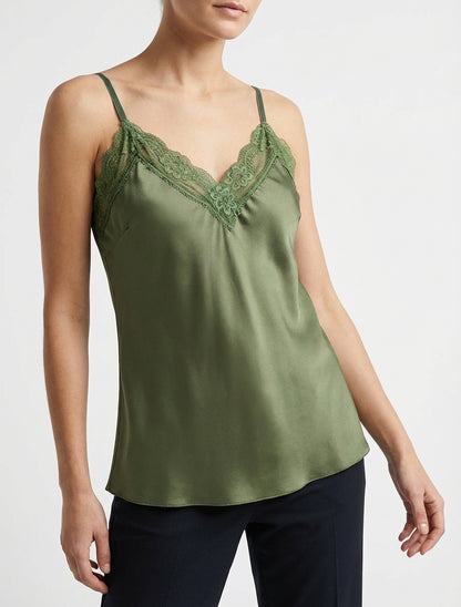 Camisón de satén con cuello de encaje - Caqui