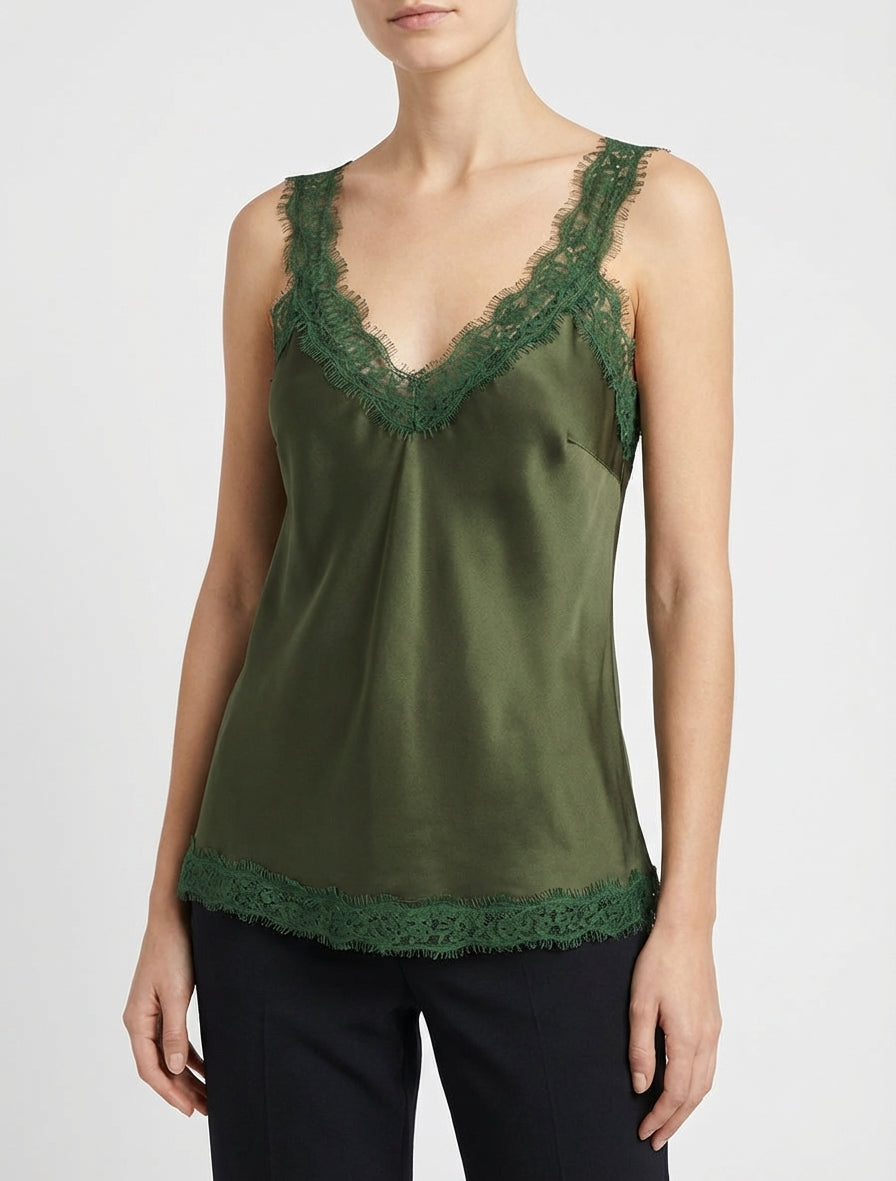 Camiseta de tirantes con bordes de encaje - Caqui